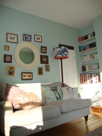 Our Eclectic Boho Art Deco Living Room, Liberty Cushions, Etomology, Butterfly Taxidermy.